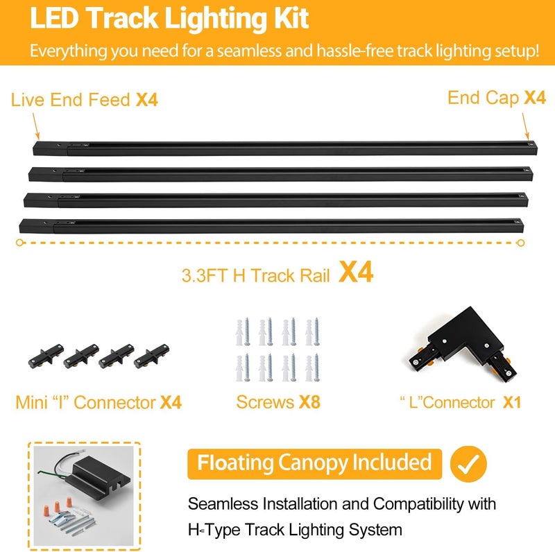 VANoopee 13FT H Track Lighting Rails Black, H Type Track Lighting Kit with Floating Canopy Connector, End Caps, Live End Feeds, I T & L Connectors, Compatible with Single Circuit H Style Track System - Image 2